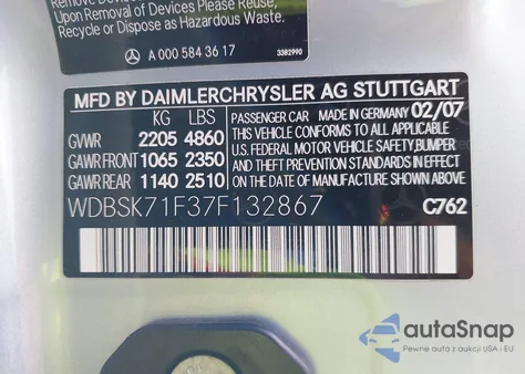 2007 Mercedes-Benz Sl 550 z USA, uszkodzony, nr VIN WDBSK71F37F132867